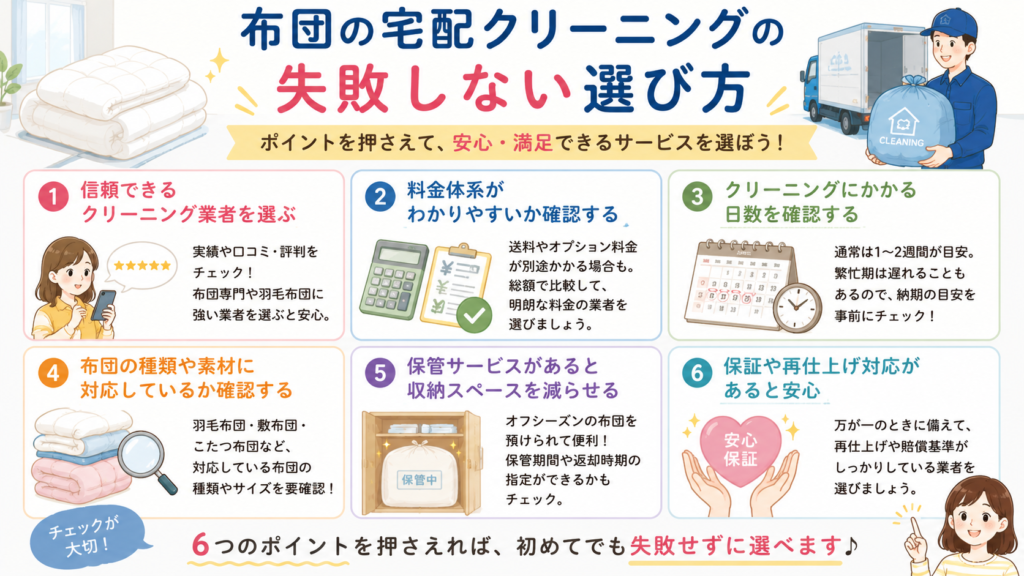 布団の宅配クリーニングで失敗しない選び方を紹介しているイラスト