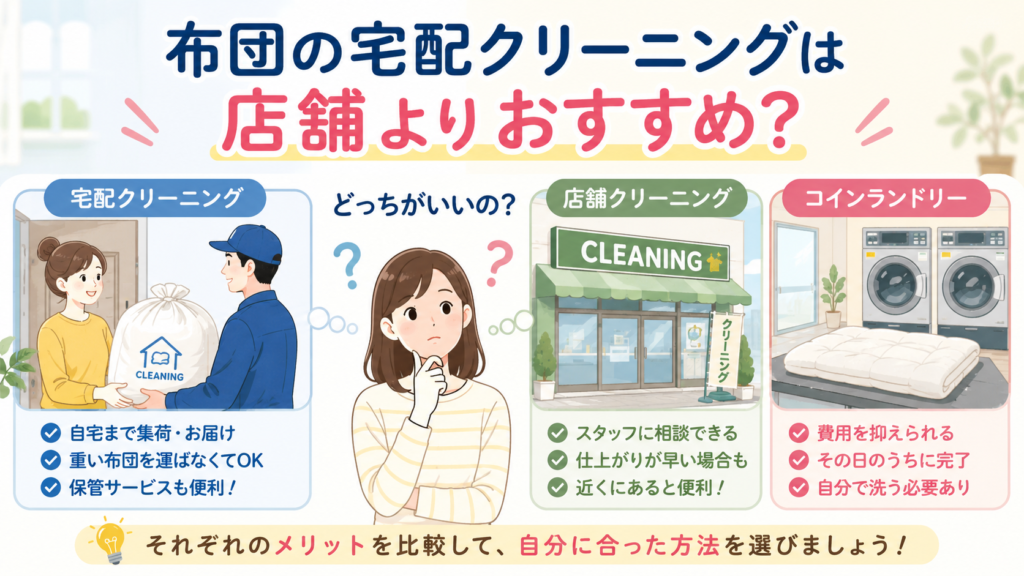 布団の宅配クリーニングと店舗・コインランドリーの違いを比較しているイラスト