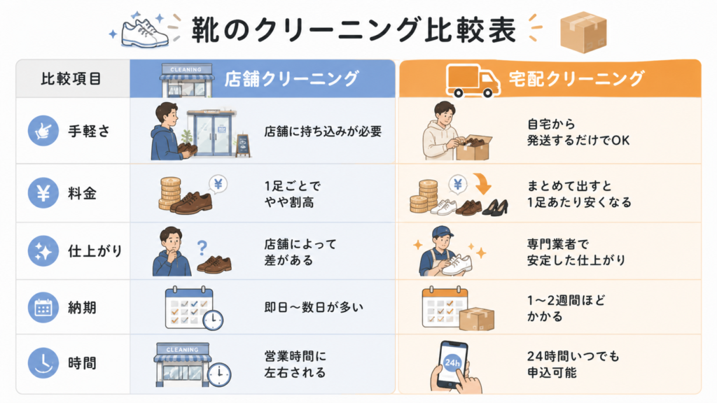 靴クリーニングの店舗と宅配サービスを手軽さ・料金・仕上がり・納期・時間で比較したイラスト表