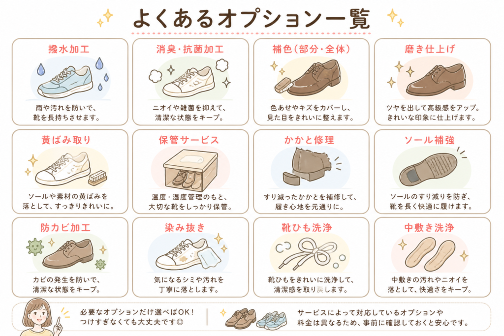 靴の宅配クリーニングのオプション一覧(撥水加工・消臭・補色・修理など)をイラストでまとめた図