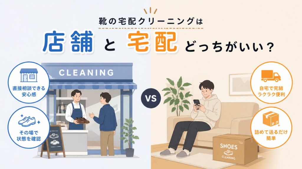 靴の宅配クリーニングと店舗クリーニングの違いを比較したイラスト