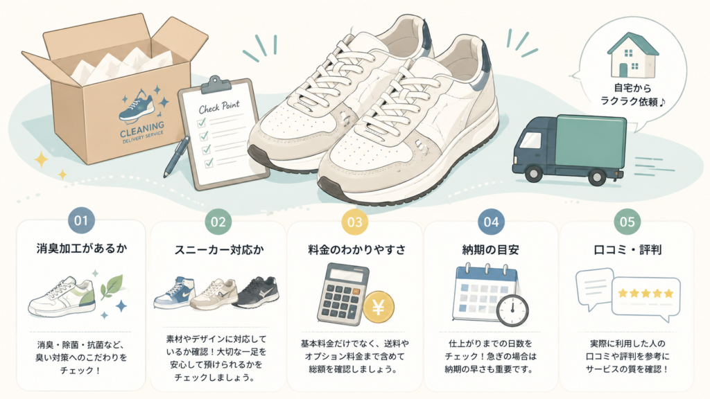 スニーカーの宅配クリーニングを選ぶポイントを解説するイラスト