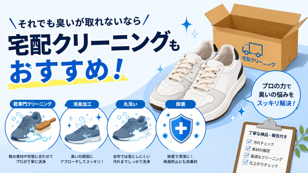 スニーカーの臭いが取れないときにおすすめの宅配クリーニングを紹介するイラスト