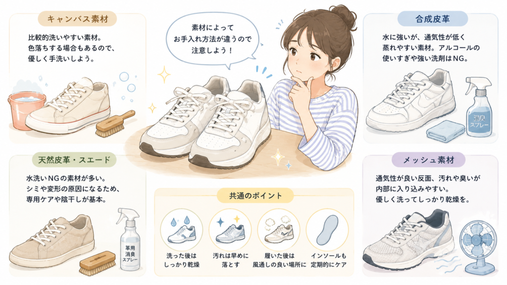 素材別のスニーカーの臭い対策やお手入れ方法を紹介するイラスト