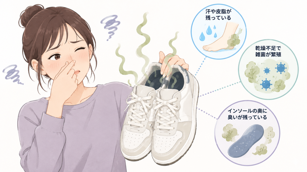 スニーカーの臭いが取れない原因を解説するイラスト