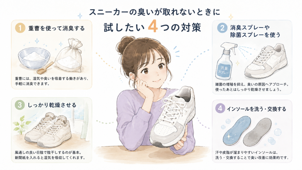 スニーカーの臭いが取れないときに試したい4つの対策を紹介するイラスト