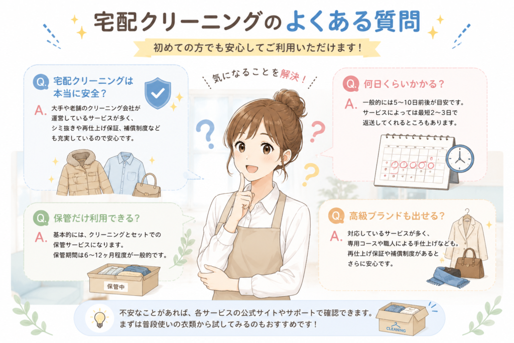 宅配クリーニングのよくある質問をまとめたイラスト。安全性・納期・保管サービス・高級ブランド対応について初心者向けに解説している。