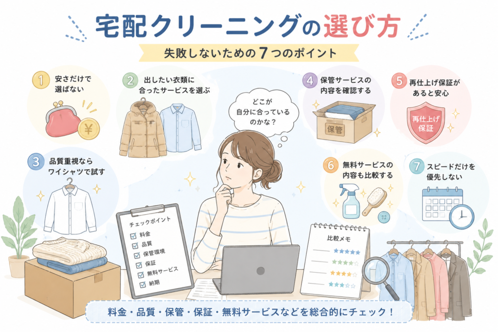 宅配クリーニング選びで失敗しないための7つのポイントを解説したイラスト。料金・品質・保管・保証・無料サービスなどを比較している。
