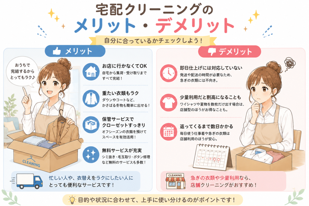 宅配クリーニングのメリットとデメリットを比較したイラスト。自宅完結や保管サービスの便利さと、即日仕上げ不可などの注意点を紹介している。