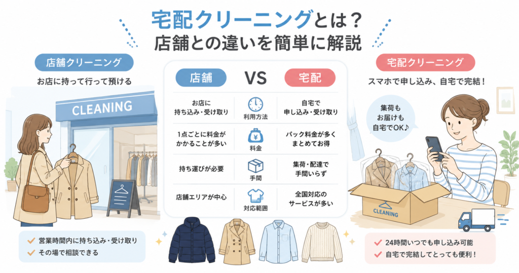 宅配クリーニングと店舗クリーニングの違いを比較した図解。利用方法・料金・手間・対応範囲などをわかりやすく紹介している。