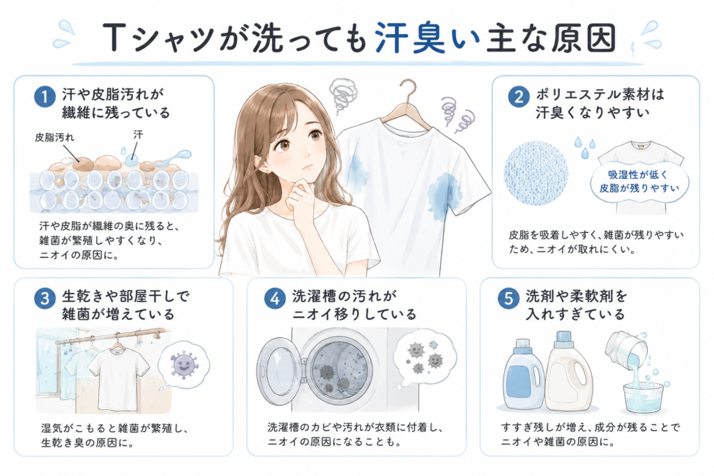 Tシャツが洗っても汗臭い主な原因を解説する女性キャラクター入りイラスト