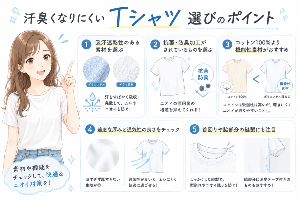 汗臭くなりにくいTシャツ選びのポイントを解説する女性キャラクター入りイラスト
