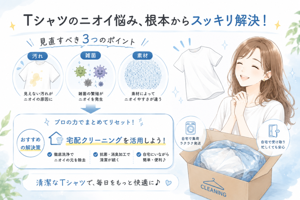 汗臭いTシャツ対策と宅配クリーニング活用を紹介する女性キャラクター入りまとめイラスト