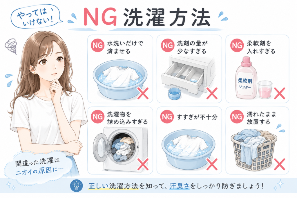 Tシャツの汗臭いを悪化させるNG洗濯方法を解説する女性キャラクター入りイラスト