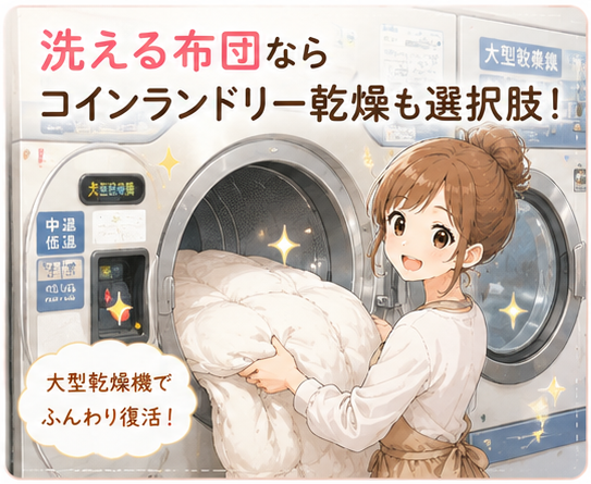コインランドリーで羽毛布団を乾燥しているイラスト