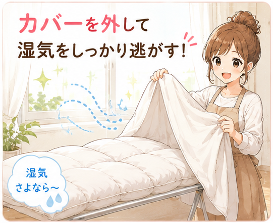 羽毛布団カバーを外して湿気を逃がしているイラスト