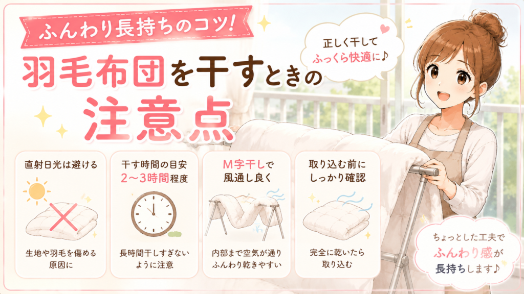 羽毛布団を干すときの注意点を解説するイラスト