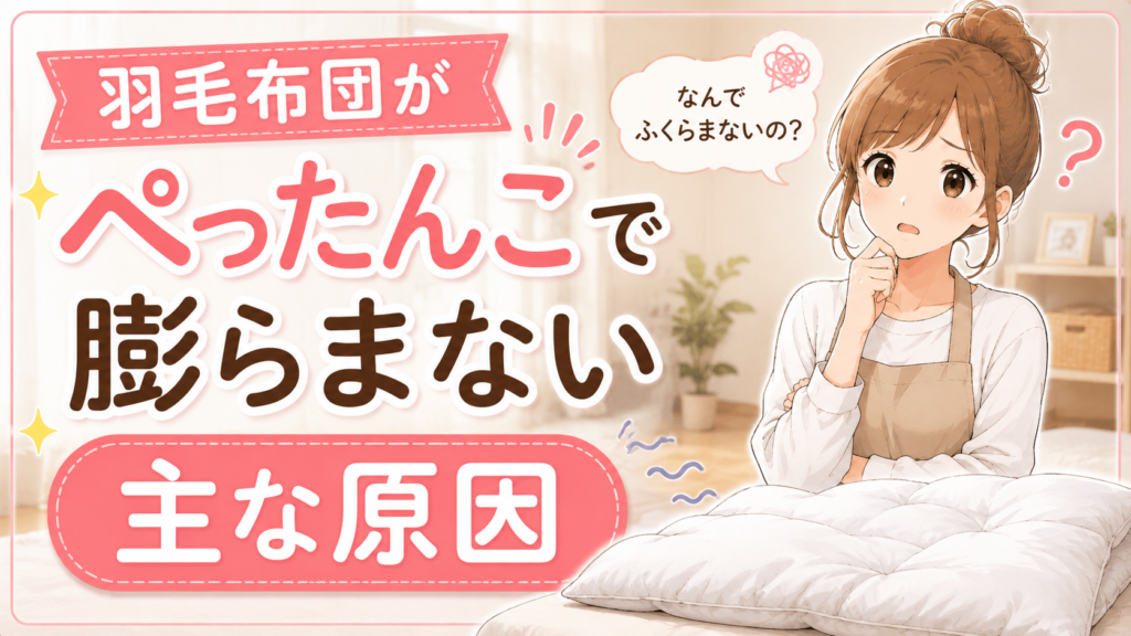 羽毛布団がぺったんこで膨らまない原因を解説するイラスト