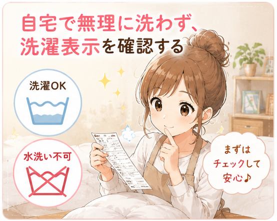 羽毛布団の洗濯表示を確認している女性のイラスト