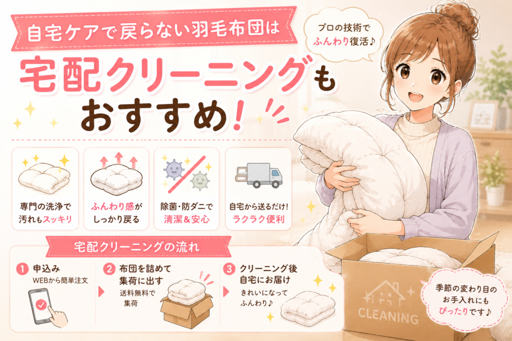 自宅ケアで戻らない羽毛布団に宅配クリーニングをおすすめするイラスト